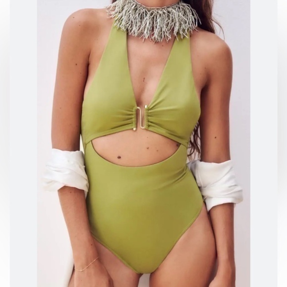 Zara NWT Olive Green Halter Cutout One Piece Swimsuit Ref 2910/203